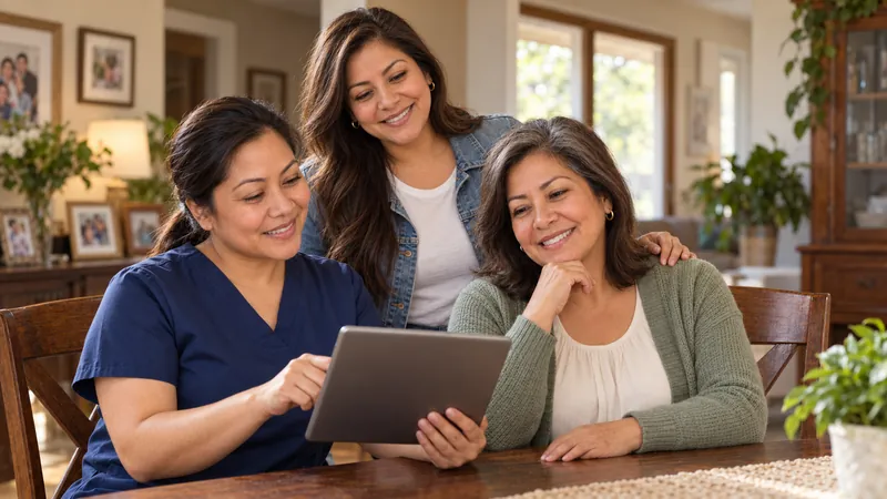 A home dialysis nurse reviews a tablet with two women at a dining table at home.