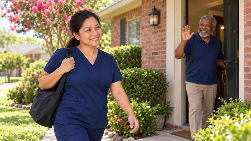 A home dialysis nurse walks away from a brick house as a man waves goodbye from the doorway.