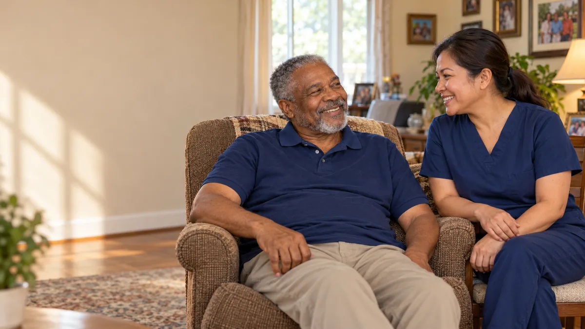 A home dialysis nurse and an older man smile at each other in his sunlit living room.