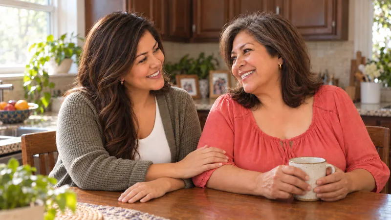 An older woman and a younger woman smile together at a kitchen table, one holding a coffee mug.