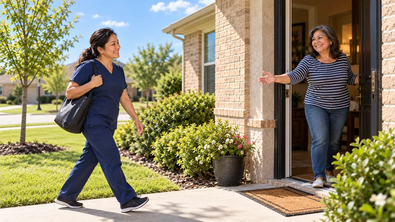 A home dialysis nurse walks up the front path as a smiling woman opens the door to welcome her.