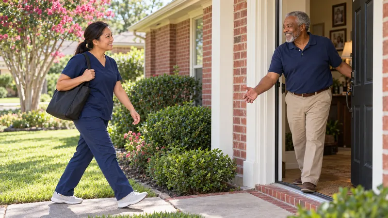 A home dialysis nurse walks up to a brick house as a smiling man opens the front door to greet her.