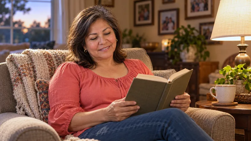 A woman relaxes with a book in her armchair on a quiet evening at home.