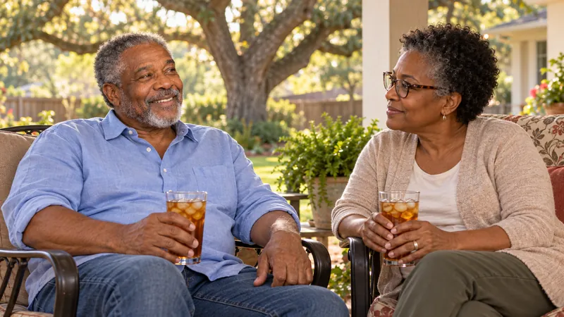 An older couple talks and smiles over glasses of iced tea on their shaded back porch.